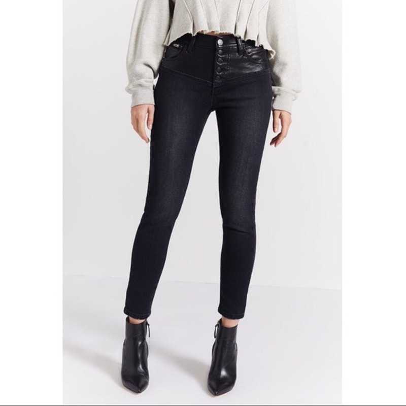Current/Elliott The Fused High Waist Stiletto Jean Rocco Black Leather Size 25